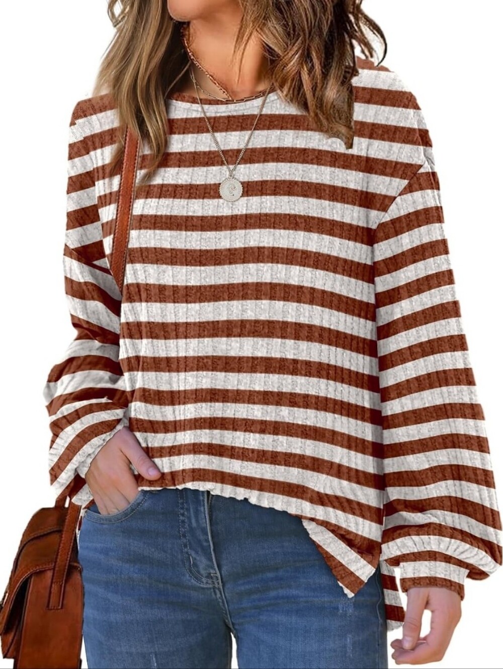 WIHOLL Striped Long Sleeve Knit Top in Cream & Cinnamon, Size XL